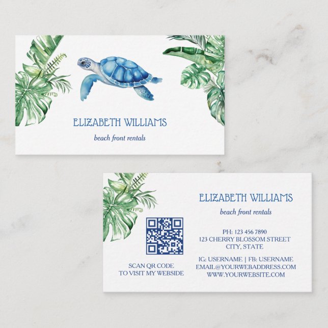 Carte De Visite  Watercolor Turtle Tropical Leaves (Devant / Derrière)