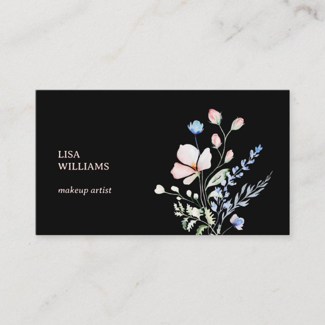 Carte De Visite Watercolor Wildflowers Black  (Devant)