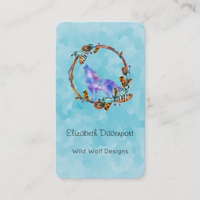 Carte De Visite Watercolor Wolf Howling in a Boho Style Wreath (Devant)