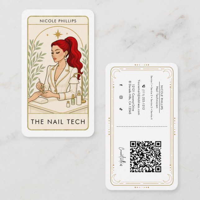 Carte De Visite Wavy Red Hair Nail Tech Tarot Social Media QR (Devant / Derrière)