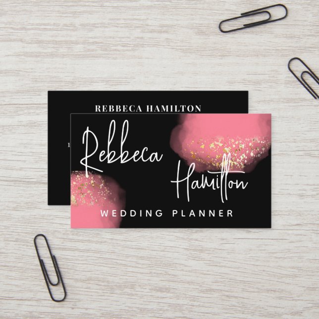 Carte De Visite Wedding planner de Parties scintillant rose tendan (Devant/Arrière en situation)