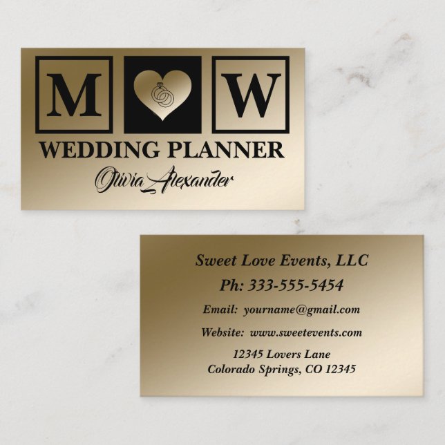 Carte de visite Wedding planner en or noir simple (Devant / Derrière)