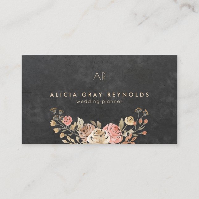 Carte De Visite Wedding planner floral noir Monogramme (Devant)