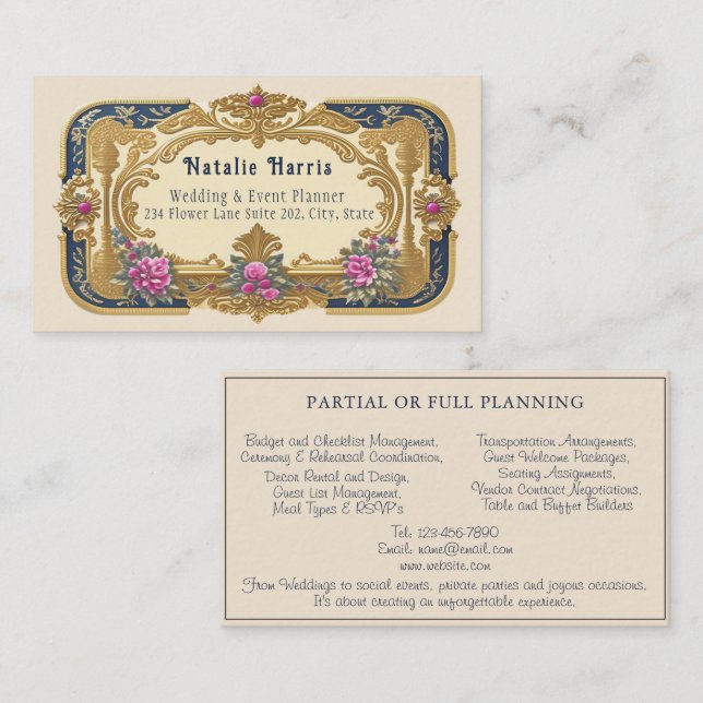 Carte De Visite Wedding Planner Victorian Pink Roses Gold Business (Devant / Derrière)