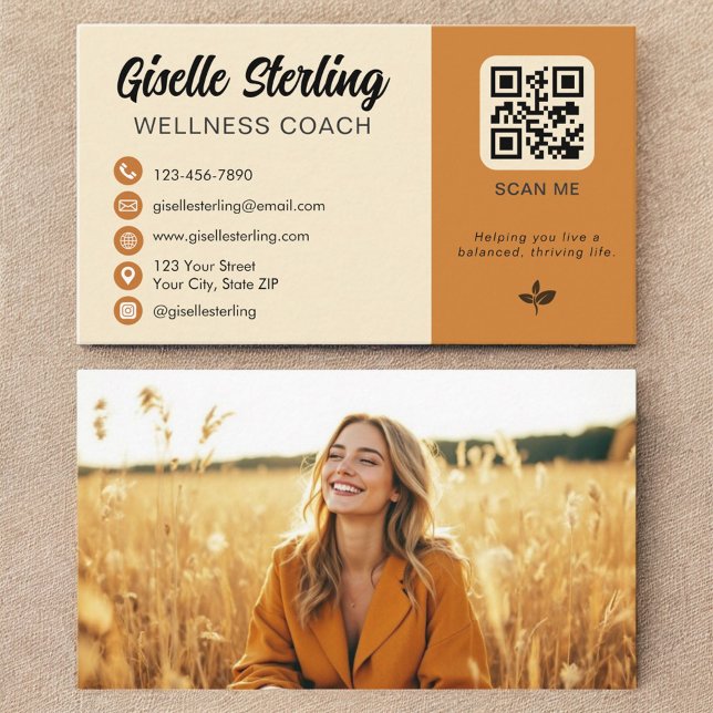 Carte De Visite Wellness Coach Yellow Orange QR Code Photo (Créateur téléchargé)