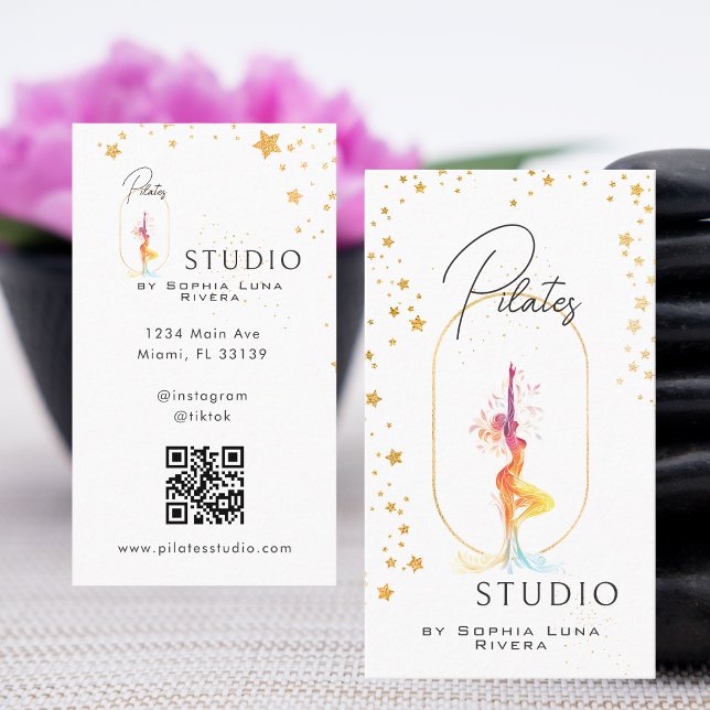 Carte De Visite Wellness Yoga Beauty Studio Gold Stars QR Code (Wellness Yoga Beauty Studio Gold Stars QR Code Business Card)