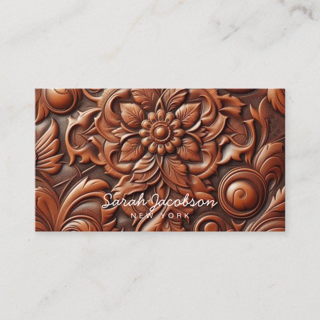 Carte De Visite Western Faux Brown Leather Tooled (Devant)