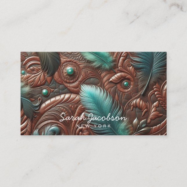 Carte De Visite Western Faux Brown Leather Tooled Teal Feathers  (Devant)