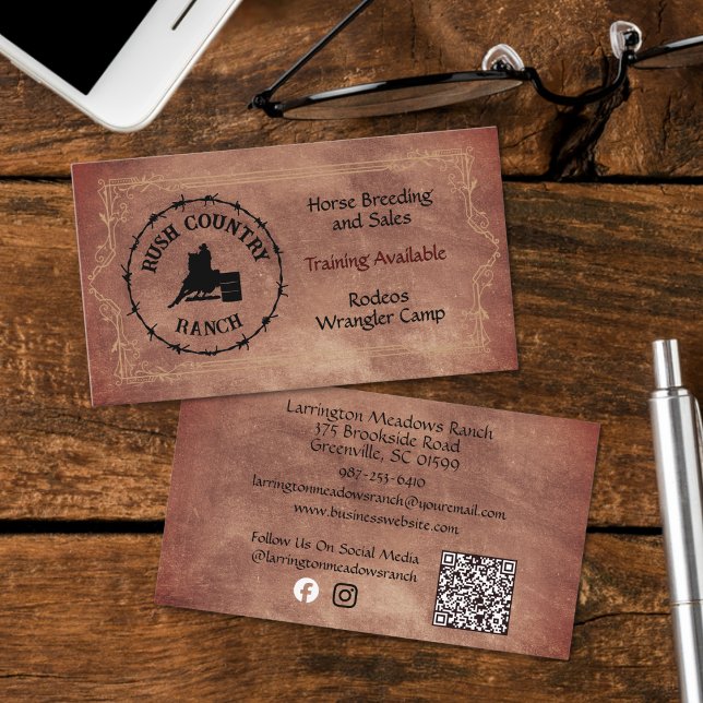 Carte De Visite Western Horse Ranch Personailze Logo Code QR (Créateur téléchargé)