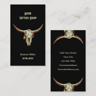 Carte De Visite Western Rustic Black Tattoo Shop Bull Skull