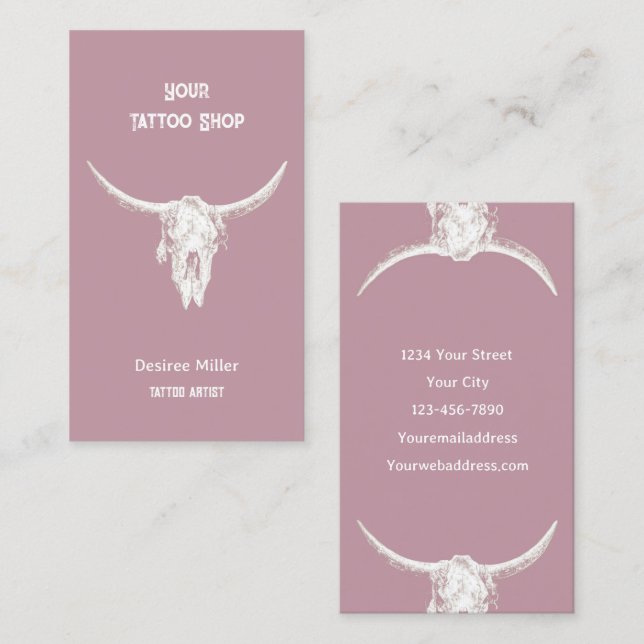 Carte De Visite Western Rustic Pink Tattoo Shop Bull Skull (Devant / Derrière)
