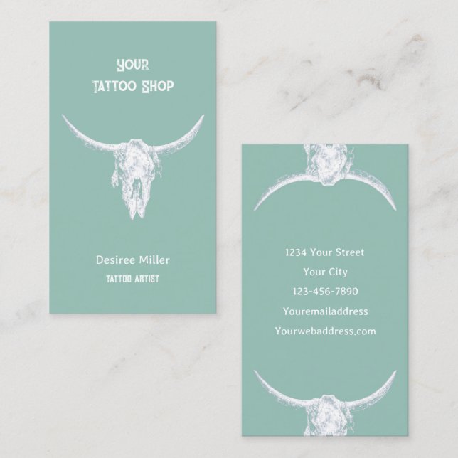 Carte De Visite Western Rustic Turquoise Tattoo Shop Bull Skull (Devant / Derrière)