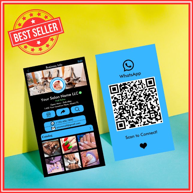Carte De Visite WhatsApp Nail Salon Bleu médias sociaux Code QR (Créateur téléchargé)