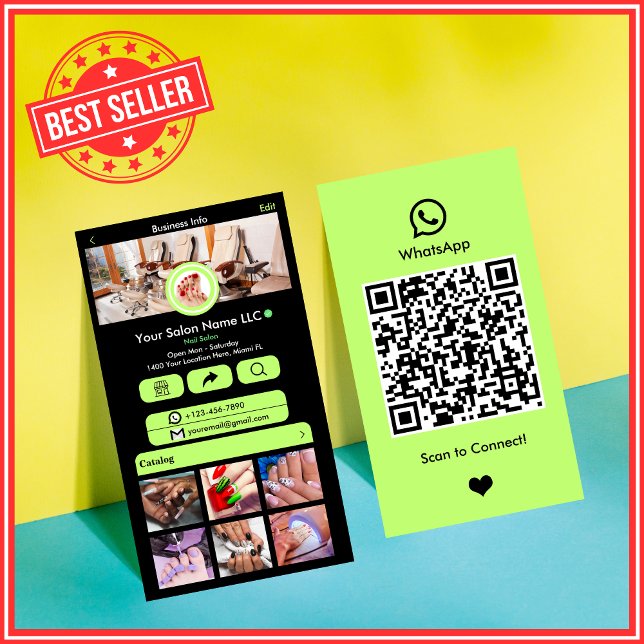 Carte De Visite WhatsApp Nail Salon Lime Green Social Media QR (Créateur téléchargé)