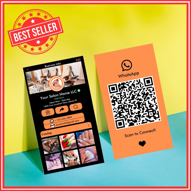 Carte De Visite WhatsApp Nail Salon Orange Social Media Code QR (Créateur téléchargé)