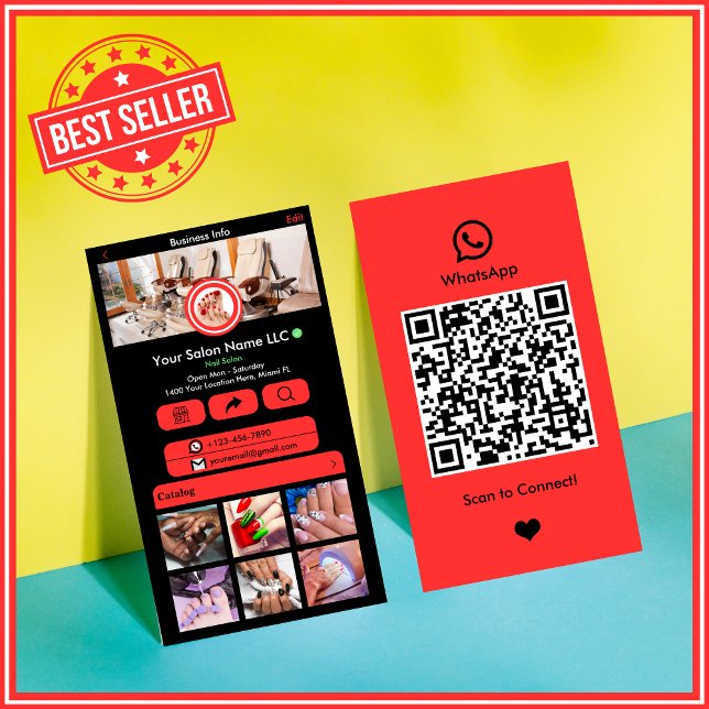 Carte De Visite WhatsApp Nail Salon Rouge | Social Media QR Code (Créateur téléchargé)