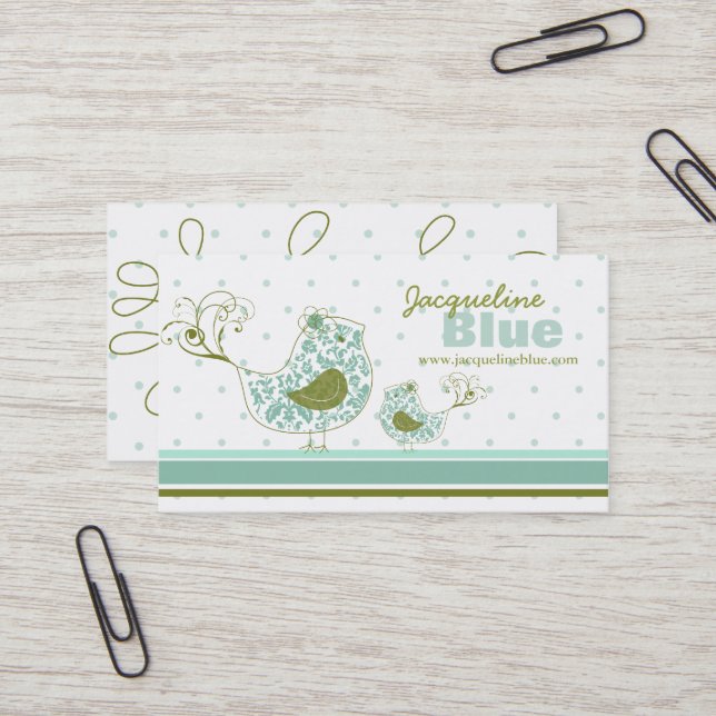 Carte De Visite Whimsical Blue Maman Et Bébé Oiseau Damask Fils (Devant/Arrière en situation)