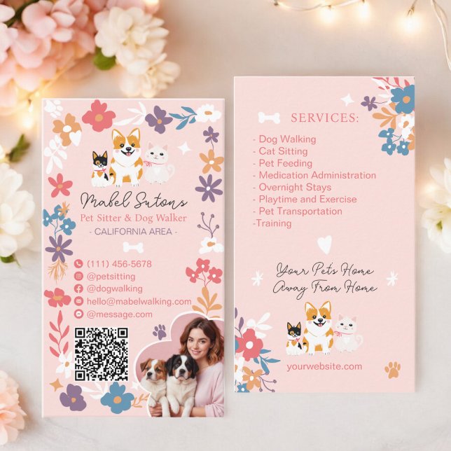 Carte De Visite Whimsical floral mignon pastel sitter chien marche (Whimsical floral cute pastel pet sitter dog walker business card)