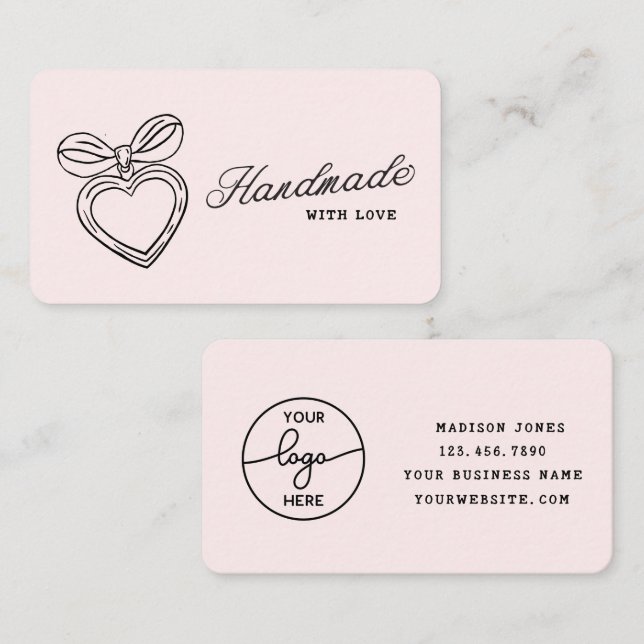 Carte De Visite Whimsical Handmade with Love Script Heart Bow Logo (Devant / Derrière)