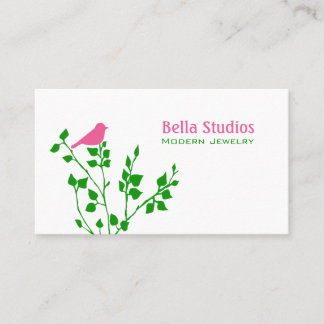Carte De Visite Whimsical rose et vert mignon oiseau