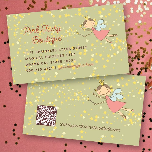 Carte De Visite Whimsical Sweet Rose Fairy Princesse & Étoiles mag (Whimsical Sweet Pink Fairy Princess & Magic Stars Business/Profile Card @ fat_fa_tin)