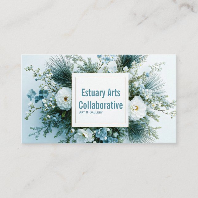 Carte De Visite White and Dusty Blue Winter Floral Gold Frame (Devant)