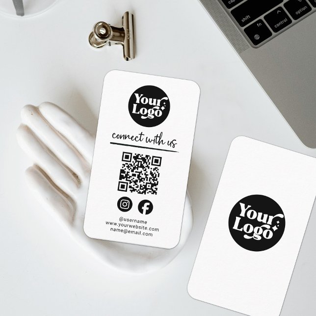 Carte De Visite White Connect With Us QR Code Logo Médias sociaux (Créateur téléchargé)