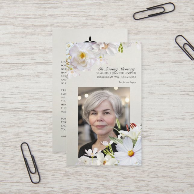 Carte De Visite White Floral Memorial Card (Devant/Arrière en situation)