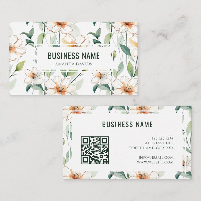 Carte De Visite White Floral Pattern Green Greenery QR Code (Devant / Derrière)