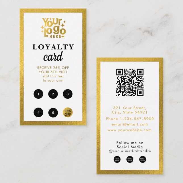 Carte De Visite White Gold Business Logo QR Code Loyalty Retro (Devant / Derrière)