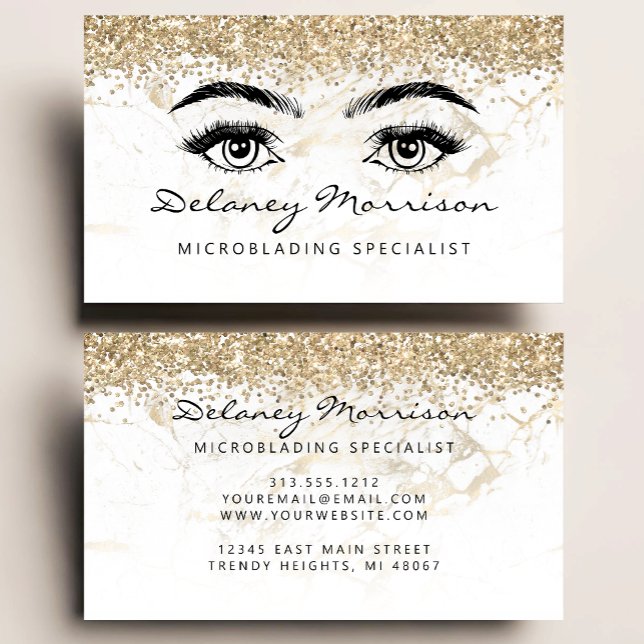 Carte De Visite White Marble Gold Glitter Eyes Microblading (Créateur téléchargé)