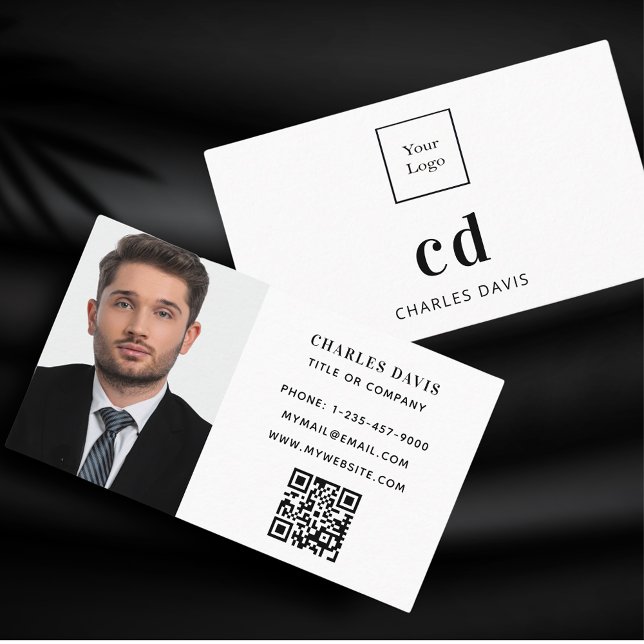 Carte De Visite White monogram, photo Qr code logo (Créateur téléchargé)