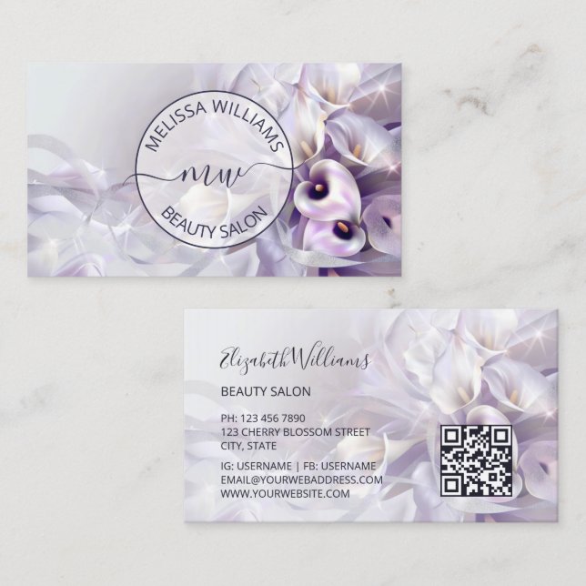 Carte De Visite White Purple Calla Flower Logo (Devant / Derrière)