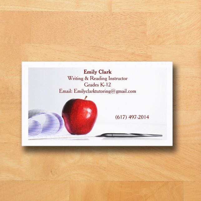 Carte De Visite White QR Code School Teacher  Red Apple   (White Business Card for Teacher )