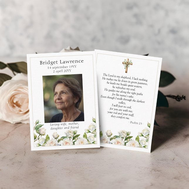 Carte De Visite White Roses Memorial Photo Psalm 23 Prayer Card (Créateur téléchargé)