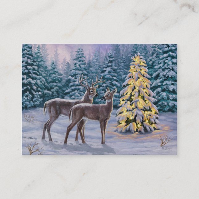 Carte De Visite Whitetail Deer & Christmas Tree Scene hivernale (Devant)
