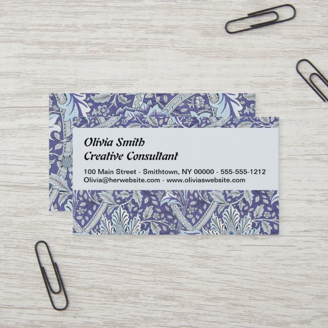 Carte De Visite William Morris Windrush Motif Bleu Floral (Devant/Arrière en situation)