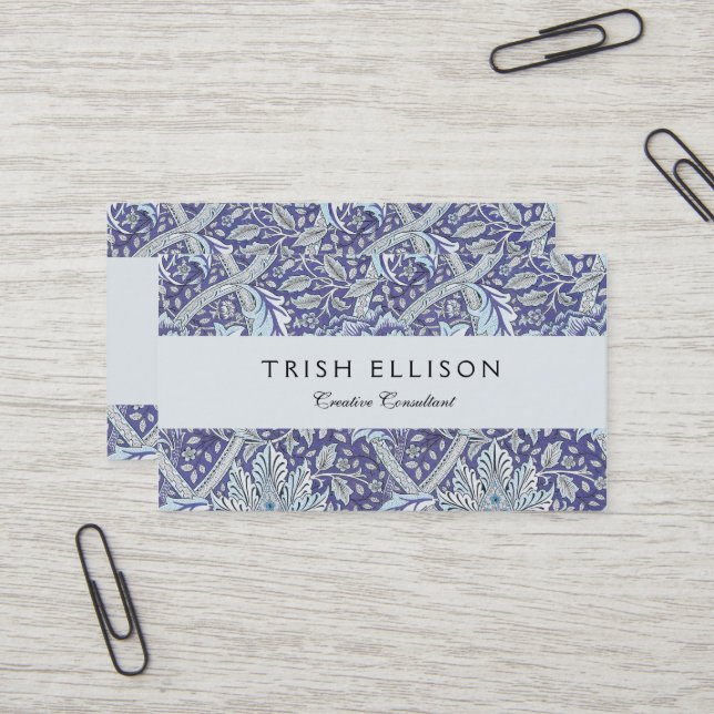 Carte De Visite William Morris Windrush motif floral bleu (Devant/Arrière en situation)