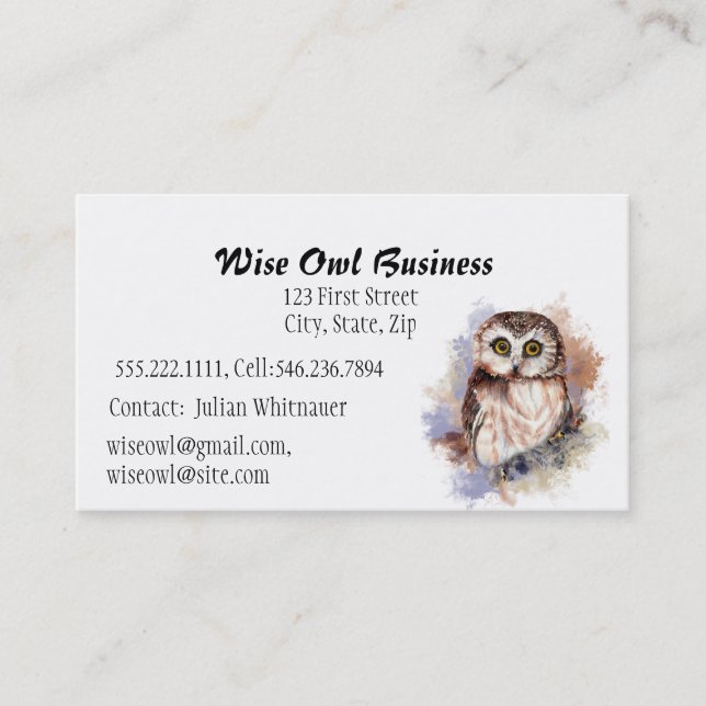 Carte De Visite Wise Owl Aquarelle Oiseau Logo sur mesure Affaires (Devant)