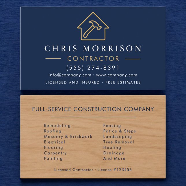 Carte De Visite Wood Building Construction Contractor Navy Blue (Créateur téléchargé)