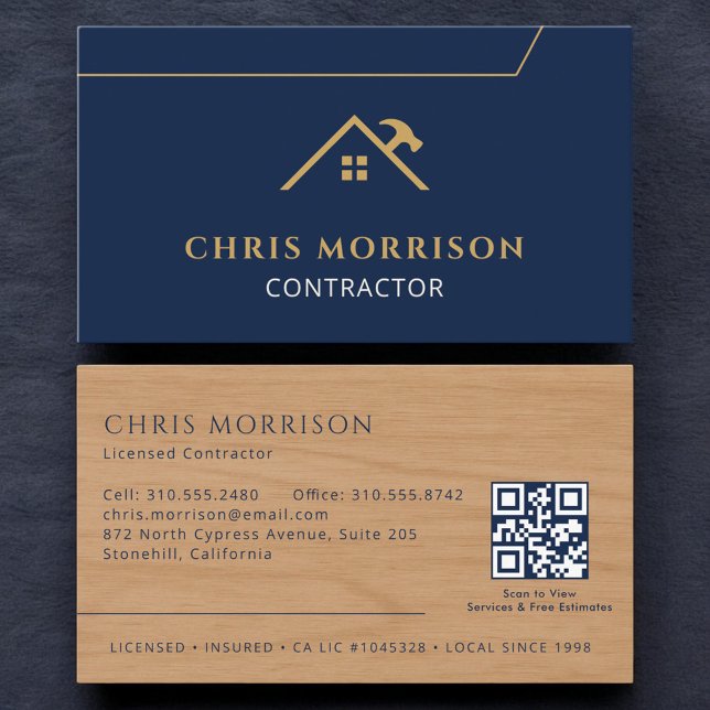 Carte De Visite Wood Contractor Construction QR Code Navy Blue (Créateur téléchargé)