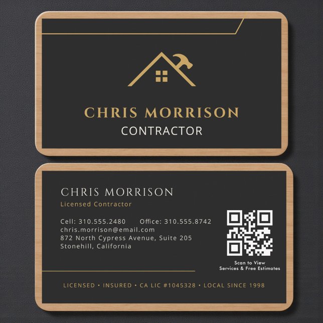 Carte De Visite Wood Grain Black Gold Builder Contractor QR Code (Créateur téléchargé)
