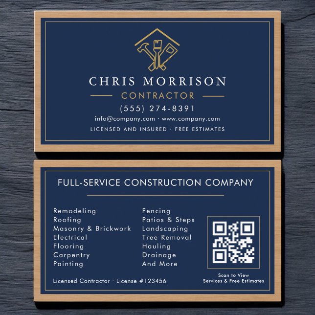 Carte De Visite Wood Home Improvement Contractor Navy Blue Gold (Créateur téléchargé)