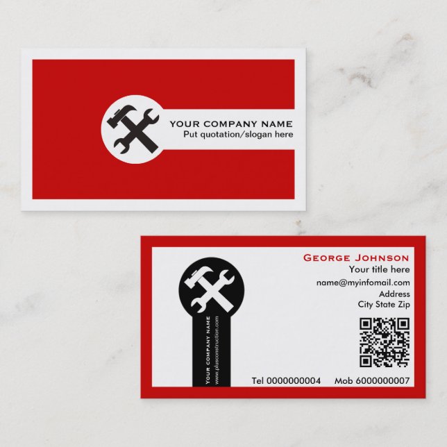 Carte De Visite Wrench and hammer handyman construction red (Devant / Derrière)