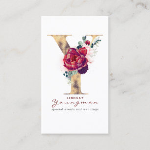 Carte De Visite Y Monogramme Gold Foil et Burgundy Red Floral