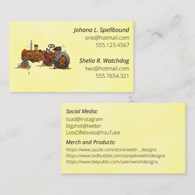 Carte De Visite Yellow Social introduction calling card-tractor (Devant / Derrière)