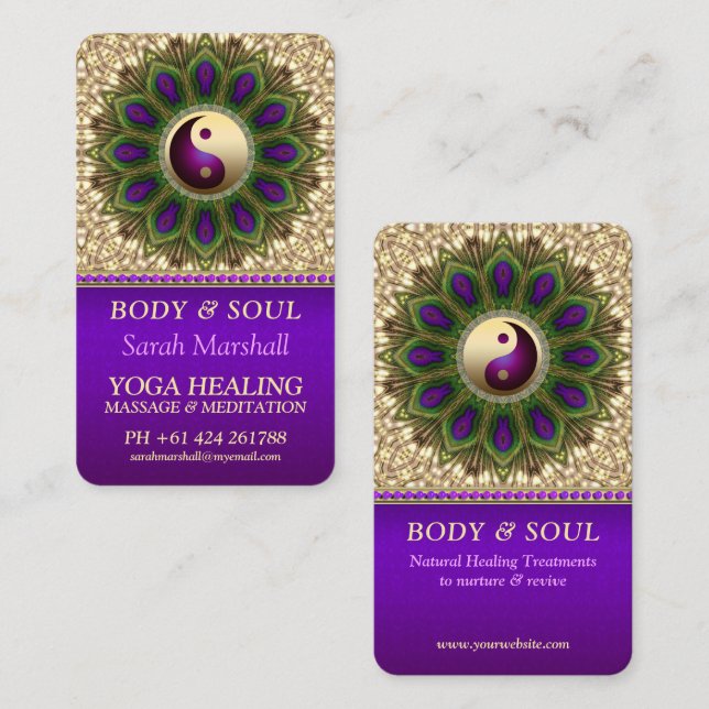Carte De Visite Yin Yang Balance Purple Green Peacock Mandala (Devant / Derrière)