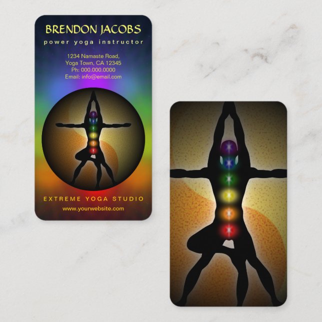 Carte De Visite Yoga Chakras Manly Pose Instructeur Enseignant (Devant / Derrière)