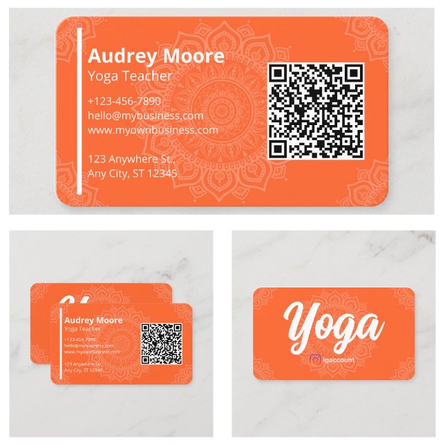 Carte De Visite Yoga Enseignant Modèle Mandala QR Code (Yoga Teacher Templates Mandala QR Code Business Card)