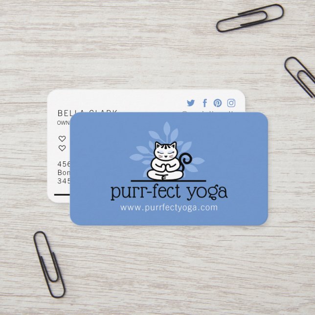 Carte De Visite Yoga holistique chat Méditant Yoga Pose Bleu (Devant/Arrière en situation)